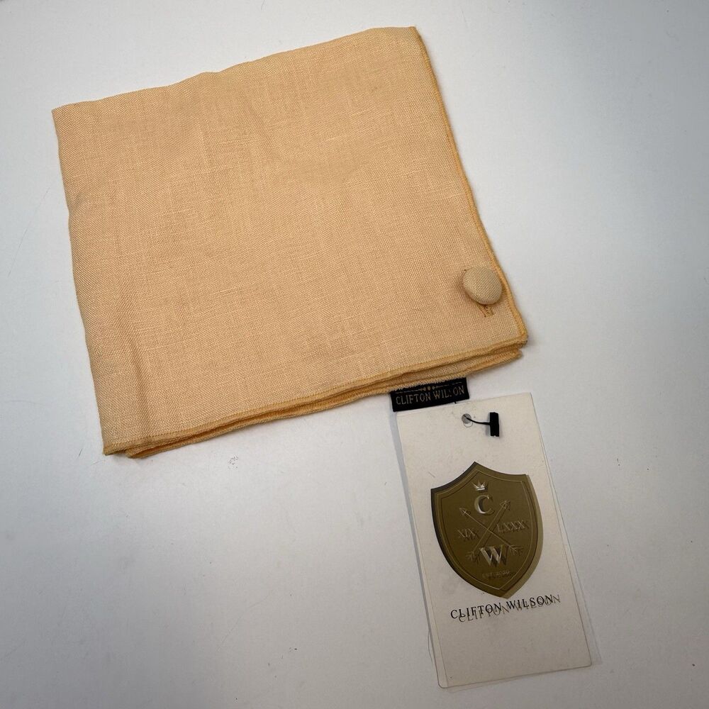 Clifton Wilson Light Peach 100% Linen Pocket Square With Button New